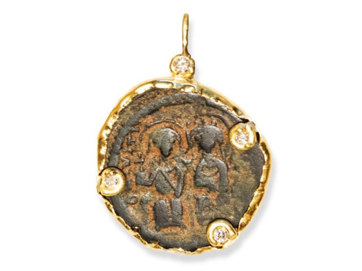 Ancient Byzantine Coin encased in 22k Gold with Diamond Accents