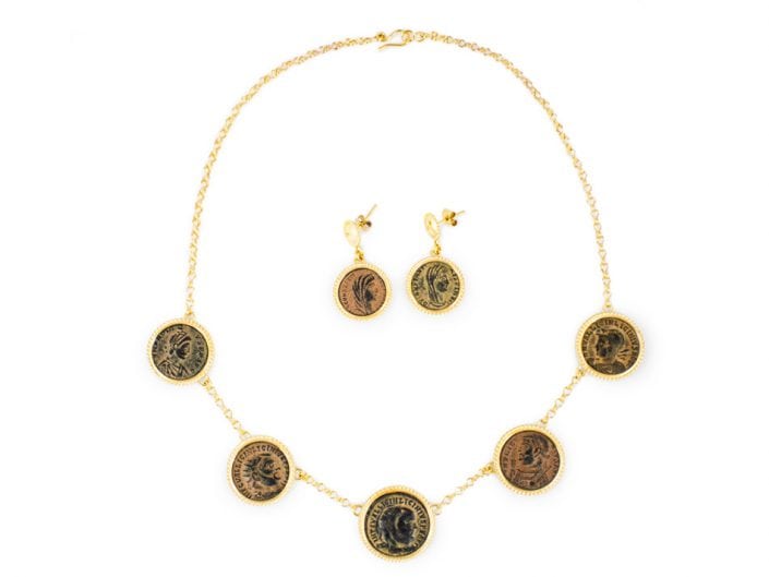 Ancient Coin Necklace and Earrings set in 21k Gold