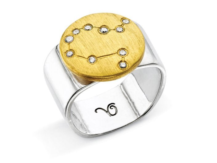 Ring of 22k gold disc atop a sterling silver band features glittering high-quality diamonds outlining star sign constellation of Gemini.