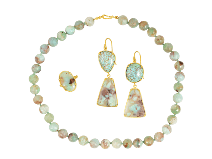 Aquaprase Necklace, Earrings, Ring Set set in 22k Gold