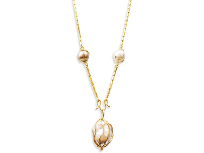 Large baroque pearl and round multicolored freshwater Tahitian pearls encased in handmade, 22k gold cages joined by a 22k gold chain Pearl Cage Necklace
