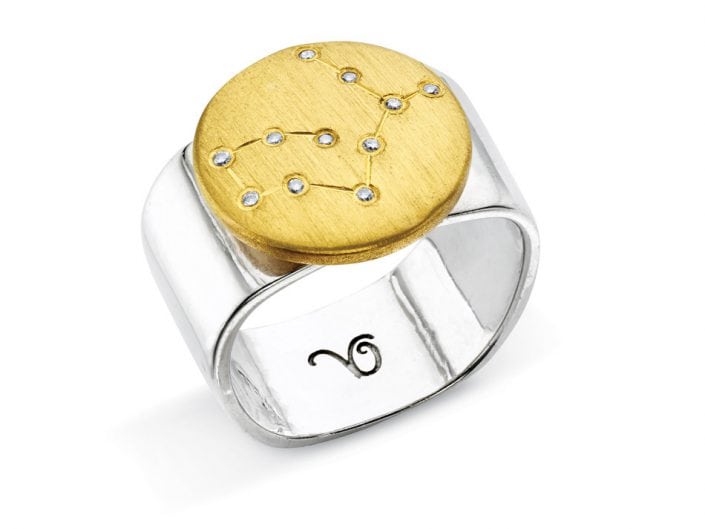 Ring of 22k gold disc atop a sterling silver band features glittering high-quality diamonds outlining star sign constellation of Virgo.