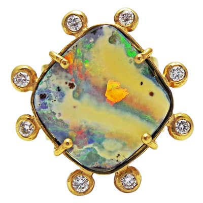 Australian Boulder Opal and Diamond Halo Gold Ring