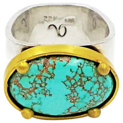 Carico Lake Turquoise Set in 22 Karat Gold on Sterling Silver Square Ring