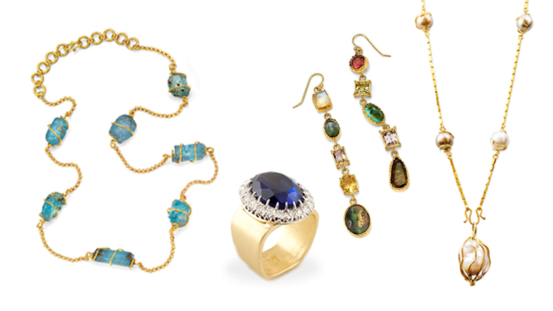Gemstones- A variety of colorful gemstones from around the world set in  gold necklaces, rings and earrings.