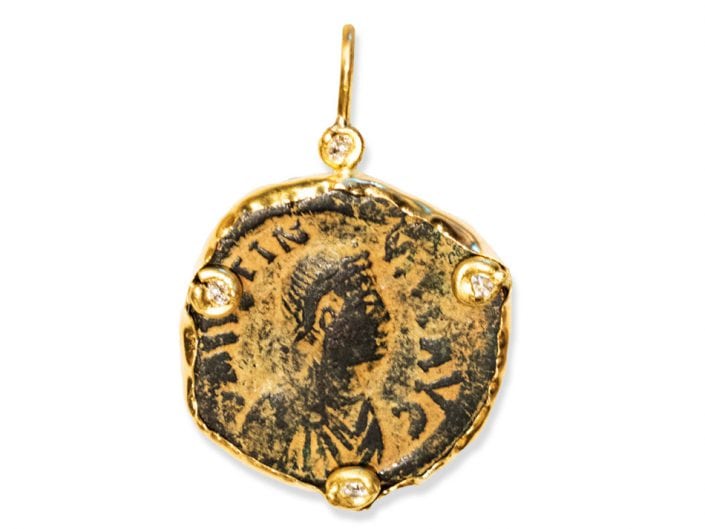 Ancient Byzantine Coin encased in 22k Gold with Diamond Accents