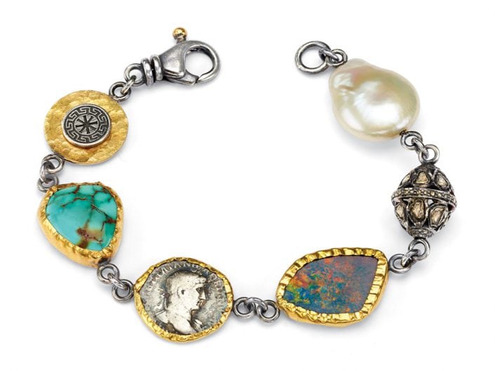 Bohemian Bracelet featuring ancient coins and multiple semi-precious gemstones and pearls encased in 24k gold and sterling silver