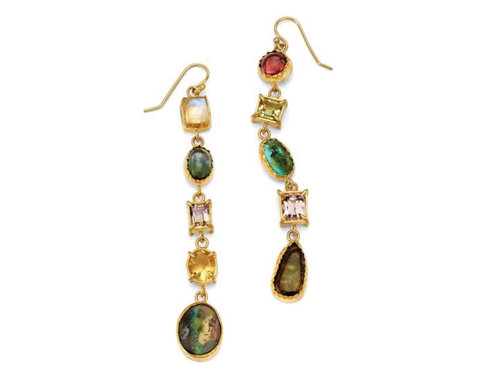 Bohemian Earrings featuring multiple semi-precious gemstones in hand-formed 22k gold settings 