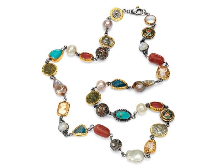 Bohemian Necklace featuring ancient coins and multiple semi-precious gemstones and pearls encased in 24k gold and sterling silver 
