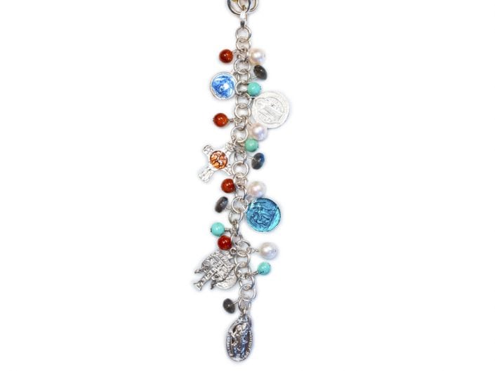 Sterling Silver and Enameled Religious Charms on a stitched leather cord that can be worn in several arrangements as either a necklace or bracelet. 