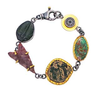 Ancient Artifacts, Byzantine Coin, Fossil and Turquoise Bohemian Bracelet