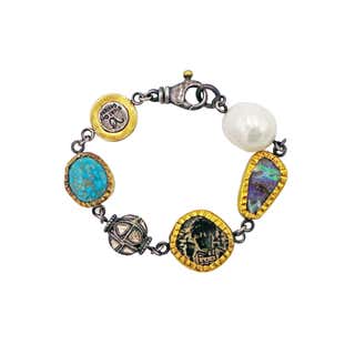 Turquoise, Boulder Opal, Pearl, Ancient Coin and Raw Diamond Bohemian Bracelet