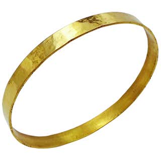 Hand Forged 18 Karat Yellow Gold Wide Hammered Bangle