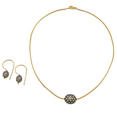 Pavé Diamond Sterling Silver Ball Two-Tone Necklace/ Earring Set
