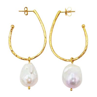 Hammered Gold Elongated Hoop Stud Earrings with Baroque Pearl Charms
