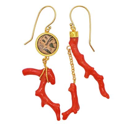 Authentic Ancient Hellenistic Coin and Branch Coral Asymmetrical Dangle Earrings