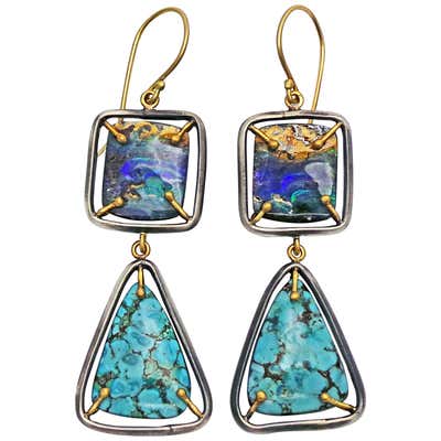 Australian Boulder Opal and Turquoise Two-Tone Dangle Earrings