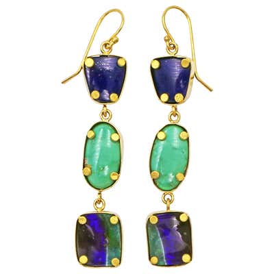 3-Tier Lapis Lazuli, Turquoise and Boulder Opal Gold Dangle Earrings