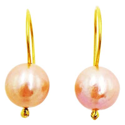Peach Pink Freshwater Pearl Gold Drop Earrings
