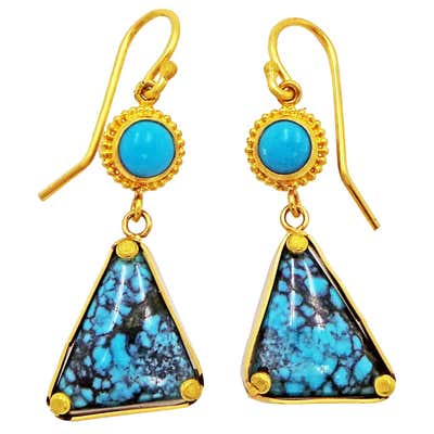 Turquoise and 22k Yellow Gold Dangle Earrings