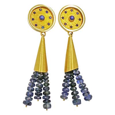 Blue Star Sapphire and Kyanite Bead Tassel 14 Karat Gold Dangle Earrings