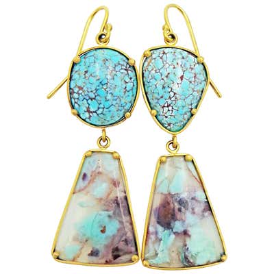 Aquaprase and Dry Creek Turquoise 22 Karat Gold Dangle Earrings