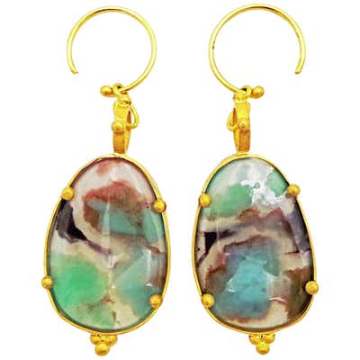 Aquaprase and 22-Karat Gold Hand Forged Dangle Earrings
