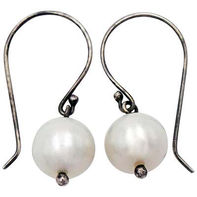 White Freshwater Pearl Oxidized Sterling Silver Drop Earrings