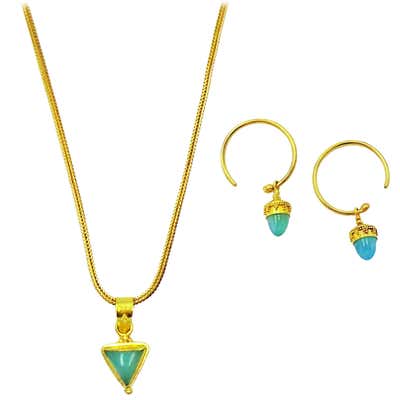 Petite Peruvian Blue Opal 22k Gold Pendant Necklace and Dangle Hoop Earring Set