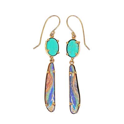 Carico Lake Turquoise and Australian Boulder Opal 22 Karat Gold Dangle Earrings