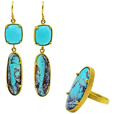 Sleeping Beauty and Bisbee Turquoise 22 Karat Gold Ring and Dangle Earrings Set