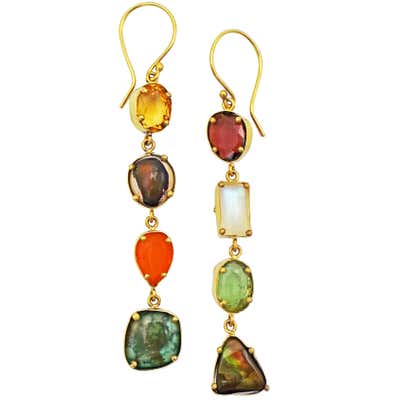 Moonstone, Garnet, Turquoise, Peridot and Fire Opal Asymmetrical Dangle Earrings