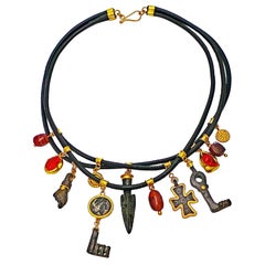 Bohemian 3-Strand Leather Necklace with Ancient Coin, Artifacts, and Fire Opals