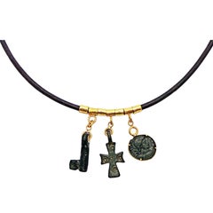 Ancient Bronze Byzantine Cross, Roman Coin and Key Leather Necklace
