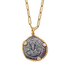 Ancient Byzantine Bronze Coin, Diamond and Gold Pendant Necklace
