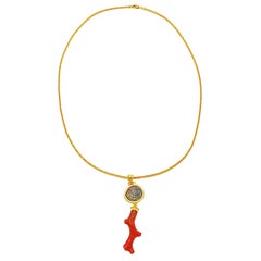 Organic Branch Coral, Ancient Jewish Coin and Gold Pendant Necklace