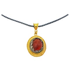 Ancient Roman Carnelian and Silver Artifact 22 Karat Gold Pendant Necklace