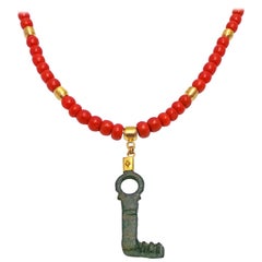 Authentic Ancient Roman Bronze Key and Gold Pendant on Coral Bead Necklace