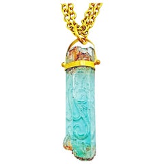Rough Aquamarine Carved Crystal Pendant on 22k Gold Chain Necklace