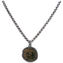 Ancient Byzantine Bronze Coin and Sterling Silver Pendant Necklace