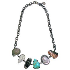 Fossil and Gemstone Oxidized Sterling Silver Collar Necklace