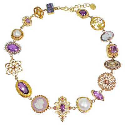 Amethyst, Pearl and Multi-Gemstone 14 Karat Gold Bohemian Necklace