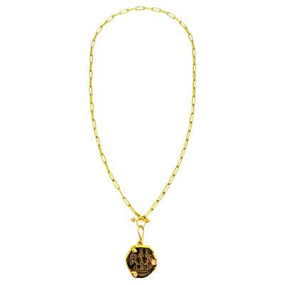 Ancient Byzantine Bronze Coin and Diamond 22 Karat Gold Pendant Necklace