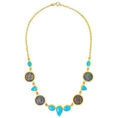 Persian Turquoise and Ancient Roman Bronze Coin 22 Karat Gold Collar Necklace