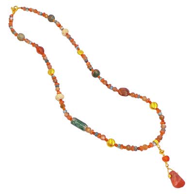 Ancient Carnelian, Multi-Gemstone, and 22 Karat Gold Beaded Pendant Necklace