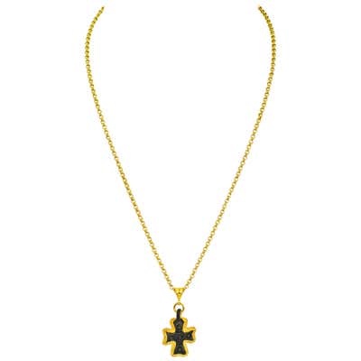 Authentic Ancient Byzantine Era Roman Bronze Cross 22k Gold Pendant Necklace