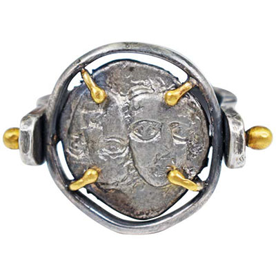 Ancient Greek Coin Sterling Silver and 22 Karat Gold Flip Ring