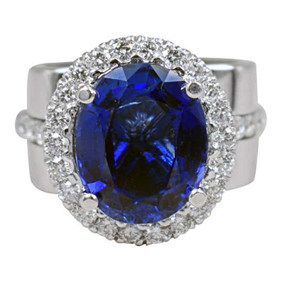 9.56 Carat Sapphire Diamond Halo 14 Karat White Gold Cocktail Engagement Ring
