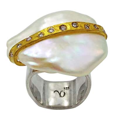Baroque Pearl with Diamond and Gold Ribbon Cocktail Ring