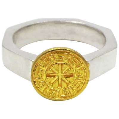 Greek Ixthus Gold Signet on Sterling Silver Octagon Ring
